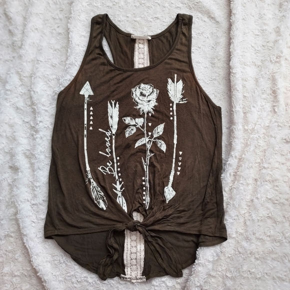 Moonchild Olive Green Arrows & Roses Graphic Tie Front Tank Top Med - Picture 1 of 8